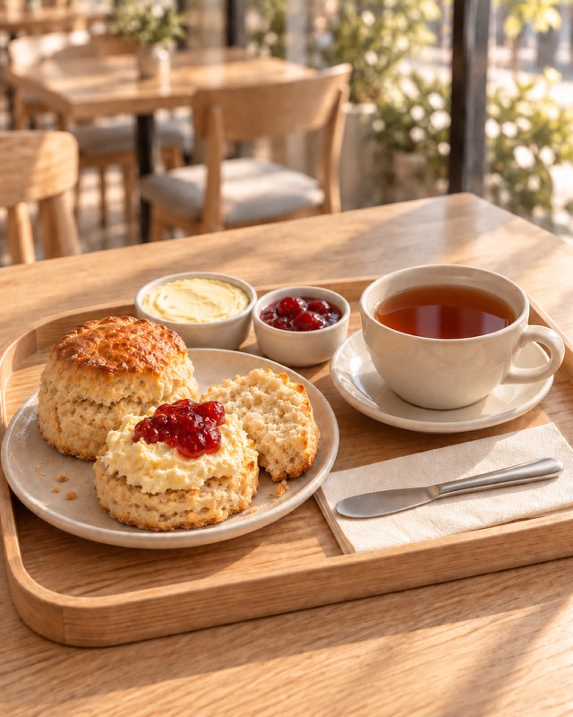 紅茶を添えたスコーンとクロテッドクリーム