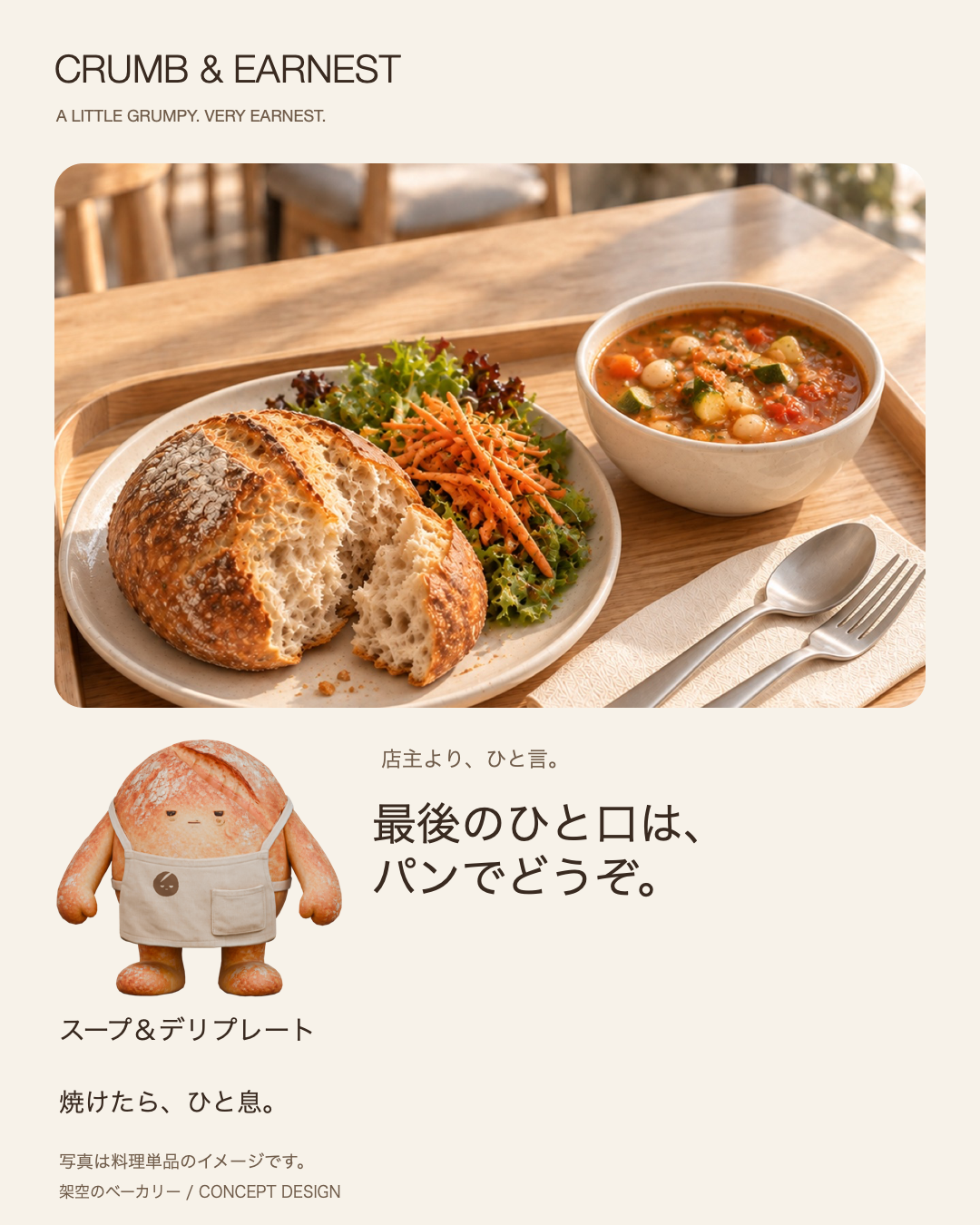 スープ＆デリのカード。最後のひと口は、パンでどうぞ。